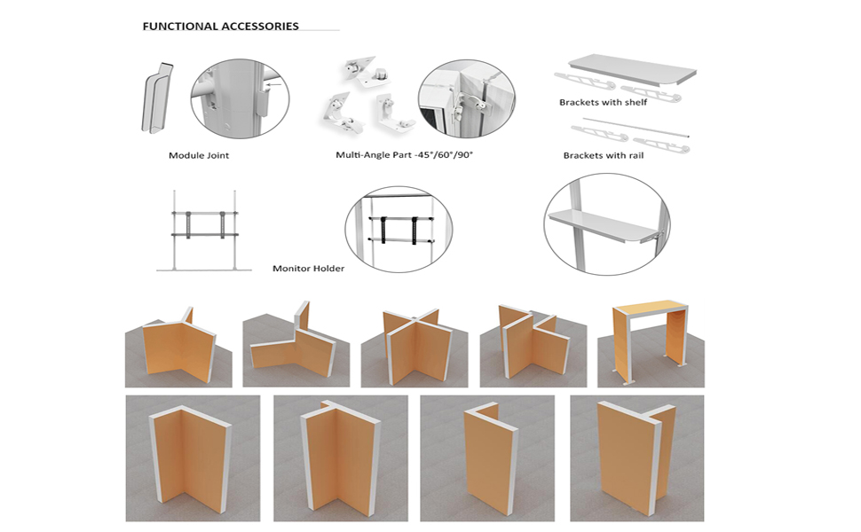 Accessories of various angles help build more stall shapes to realize your ideal booth! Feature 1